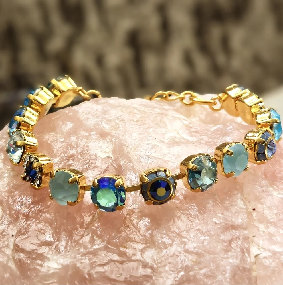 Aquamarine Light Blue Flower Crystals AB In Classic Tennis Gold Plated Bracelet